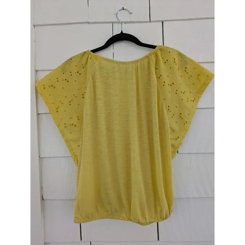 Old Navy Girls Size XL - 14 Flutter Sleeve Embroidered Eyelet Sleeves Top Yellow